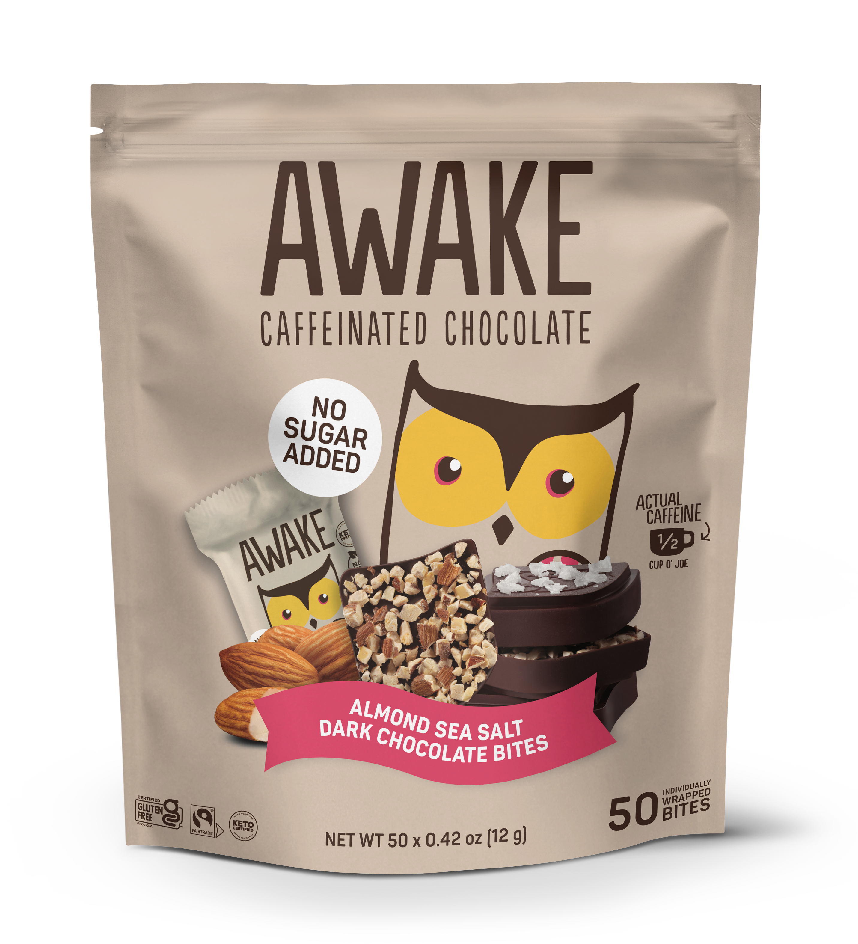 Package of Awake Almond Sea Salt Dark Chocolate Bites with owl design